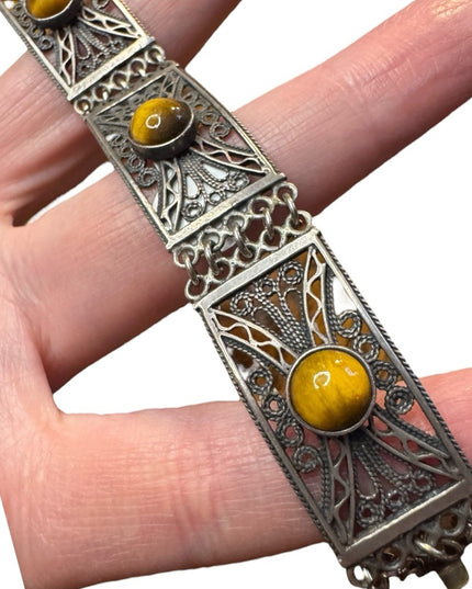 Vintage WB silver ornate filagree tiger eye panel link bracelet