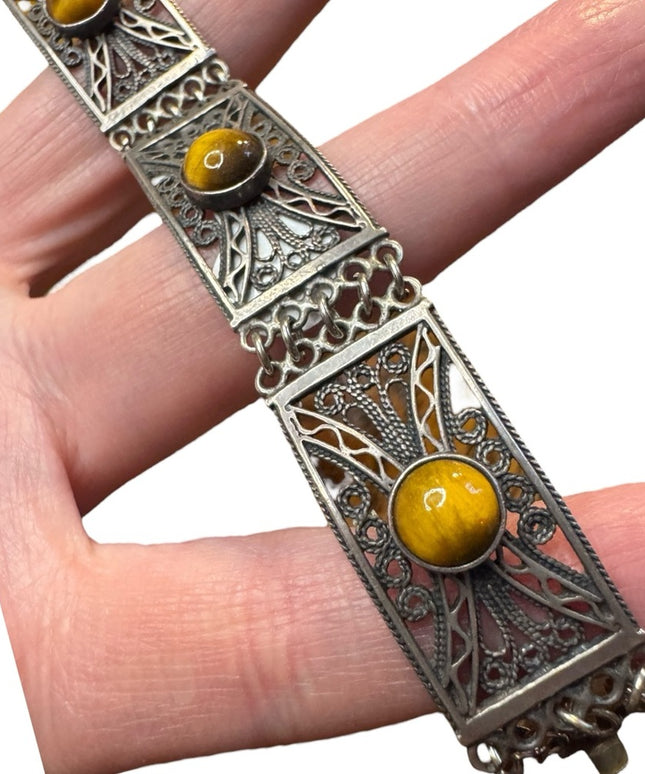Vintage WB silver ornate filagree tiger eye panel link bracelet