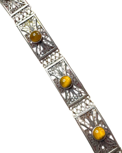 Vintage WB silver ornate filagree tiger eye panel link bracelet
