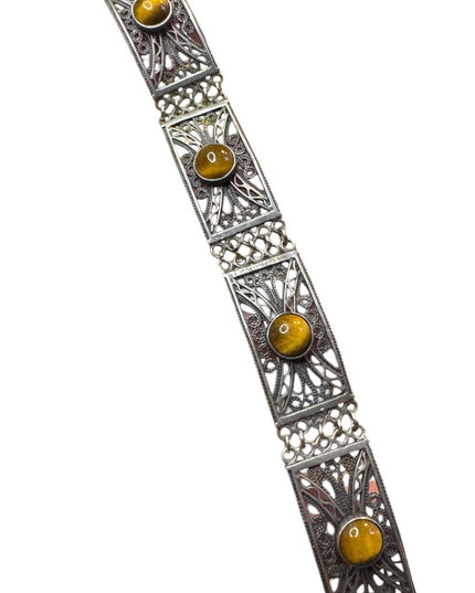 Vintage WB silver ornate filagree tiger eye panel link bracelet