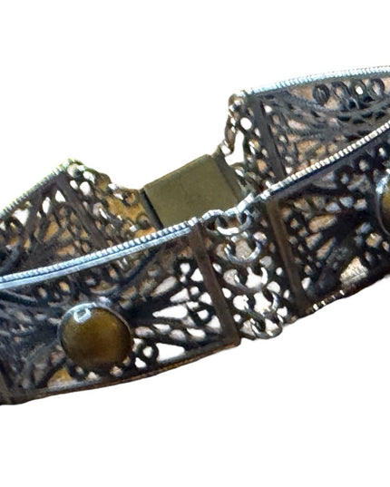 Vintage WB silver ornate filagree tiger eye panel link bracelet