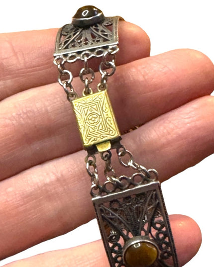 Vintage WB silver ornate filagree tiger eye panel link bracelet