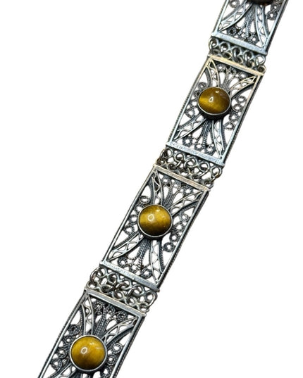 Vintage WB silver ornate filagree tiger eye panel link bracelet