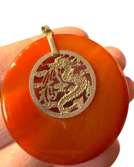 Vintage Chinese dragon necklace, round carnelian Quartz silver dragon center