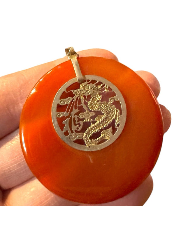 Vintage Chinese dragon necklace, round carnelian Quartz silver dragon center