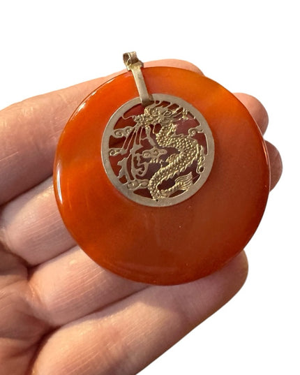 Vintage Chinese dragon necklace, round carnelian Quartz silver dragon center