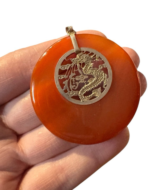 Vintage Chinese dragon necklace, round carnelian Quartz silver dragon center