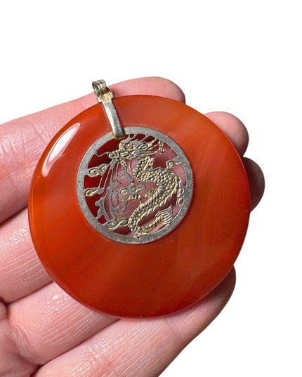 Vintage Chinese dragon necklace, round carnelian Quartz silver dragon center