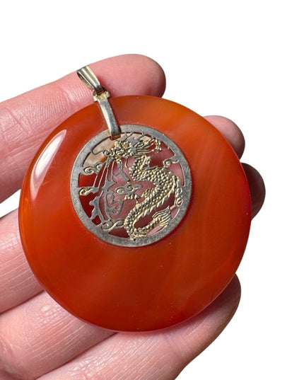 Vintage Chinese dragon necklace, round carnelian Quartz silver dragon center