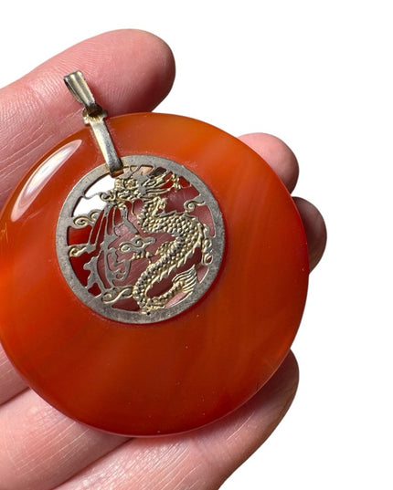 Vintage Chinese dragon necklace, round carnelian Quartz silver dragon center