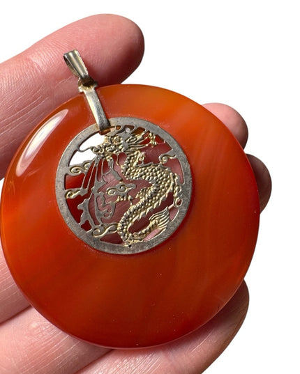 Vintage Chinese dragon necklace, round carnelian Quartz silver dragon center