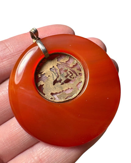Vintage Chinese dragon necklace, round carnelian Quartz silver dragon center