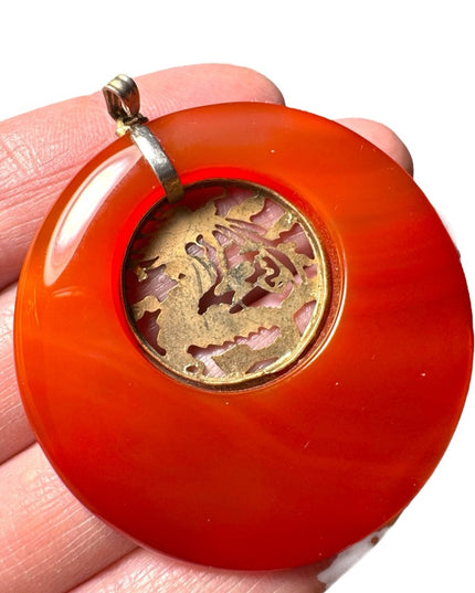 Vintage Chinese dragon necklace, round carnelian Quartz silver dragon center