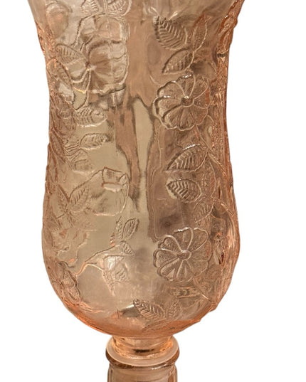 Elegant 1920s baby pink floral Depression Amber Glass Candle Holder Set 3pc