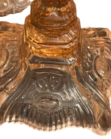 Elegant 1920s baby pink floral Depression Amber Glass Candle Holder Set 3pc
