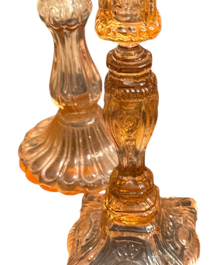 Elegant 1920s baby pink floral Depression Amber Glass Candle Holder Set 3pc