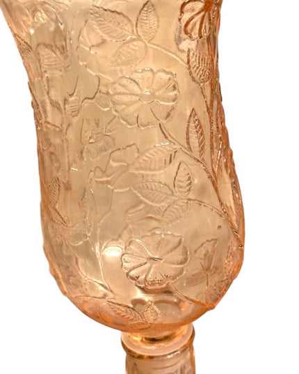 Elegant 1920s baby pink floral Depression Amber Glass Candle Holder Set 3pc