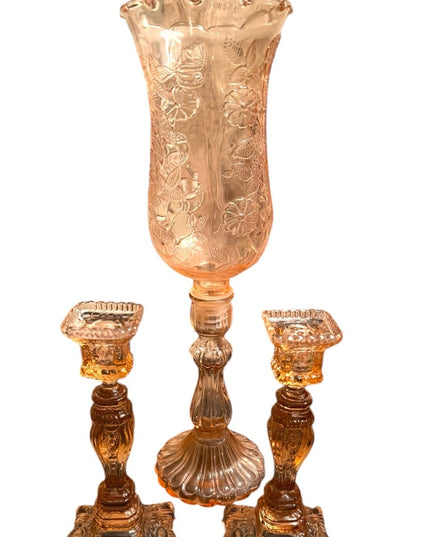 Elegant 1920s baby pink floral Depression Amber Glass Candle Holder Set 3pc