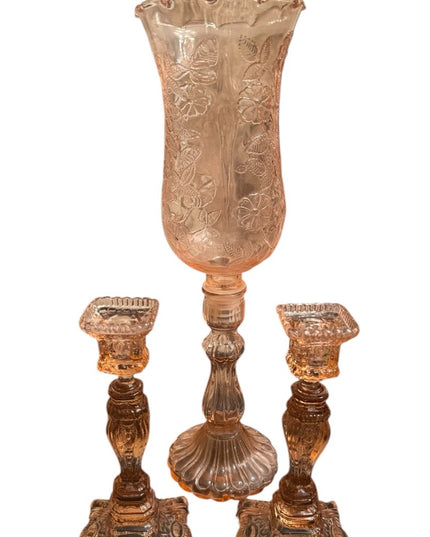 Elegant 1920s baby pink floral Depression Amber Glass Candle Holder Set 3pc