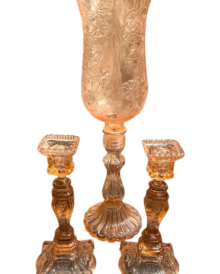 Elegant 1920s baby pink floral Depression Amber Glass Candle Holder Set 3pc