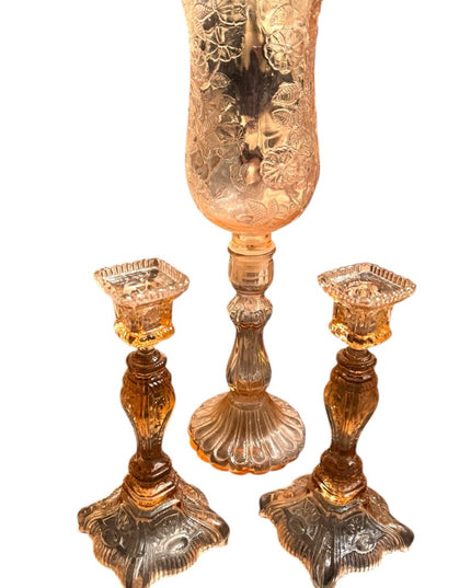 Elegant 1920s baby pink floral Depression Amber Glass Candle Holder Set 3pc