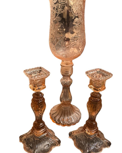 Elegant 1920s baby pink floral Depression Amber Glass Candle Holder Set 3pc