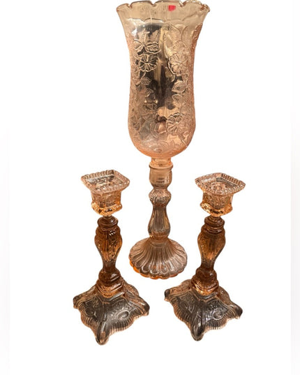 Elegant 1920s baby pink floral Depression Amber Glass Candle Holder Set 3pc
