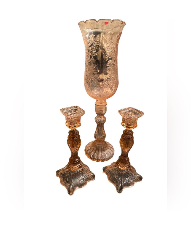Elegant 1920s baby pink floral Depression Amber Glass Candle Holder Set 3pc
