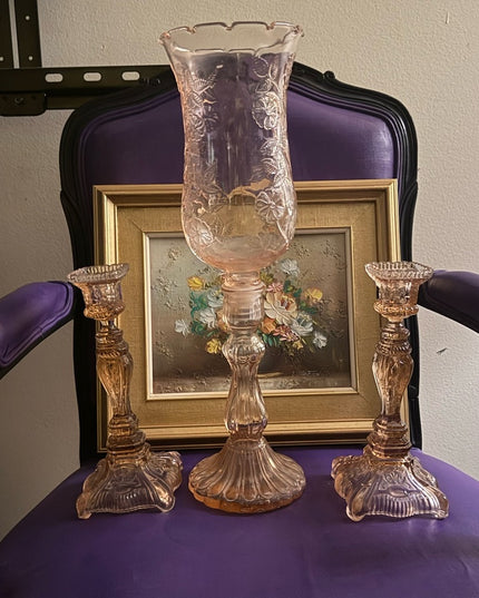 Elegant 1920s baby pink floral Depression Amber Glass Candle Holder Set 3pc
