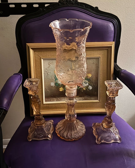 Elegant 1920s baby pink floral Depression Amber Glass Candle Holder Set 3pc