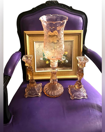 Elegant 1920s baby pink floral Depression Amber Glass Candle Holder Set 3pc