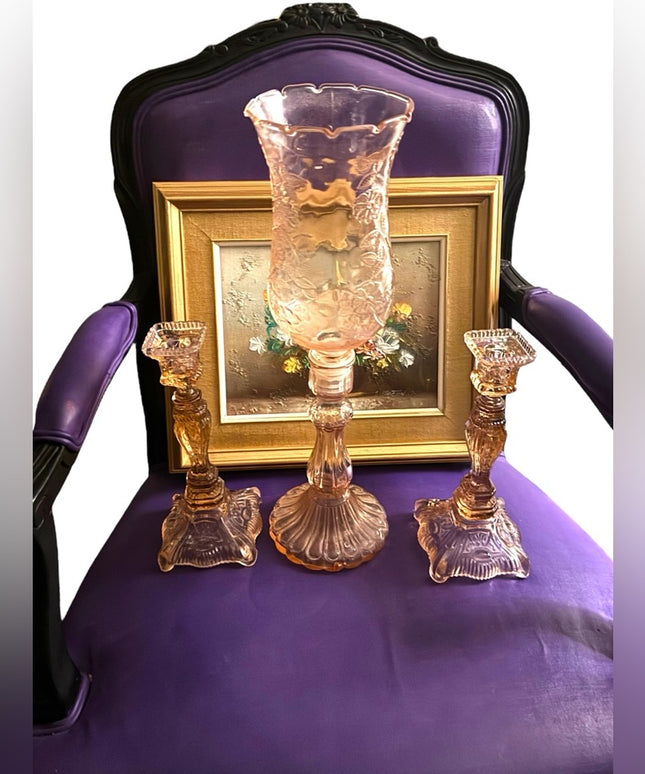 Elegant 1920s baby pink floral Depression Amber Glass Candle Holder Set 3pc