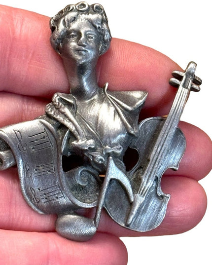 Vintage Pewter JJ Silver Musician Violin Musical Themed Brooch