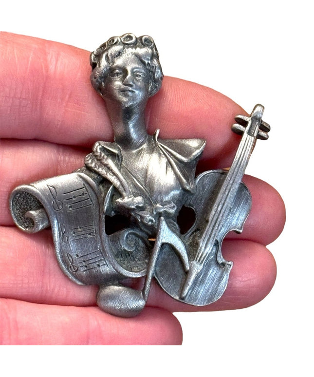 Vintage Pewter JJ Silver Musician Violin Musical Themed Brooch