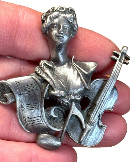 Vintage Pewter JJ Silver Musician Violin Musical Themed Brooch