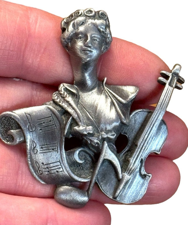 Vintage Pewter JJ Silver Musician Violin Musical Themed Brooch