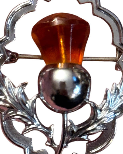 Vintage rhodium plt Mizpah Crystal Scottish Thistle brooch