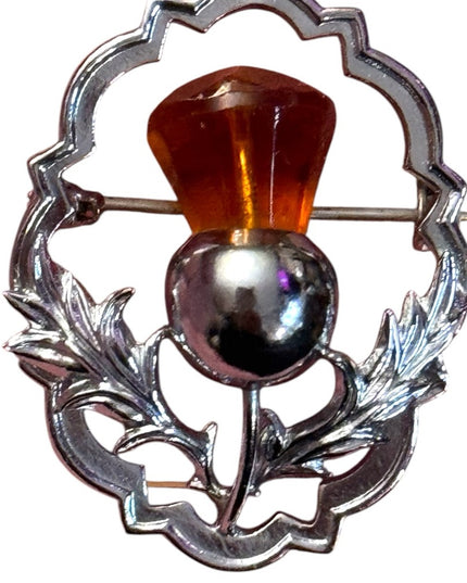 Vintage rhodium plt Mizpah Crystal Scottish Thistle brooch