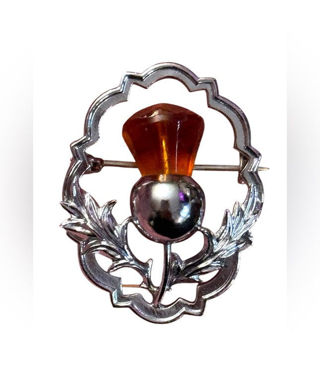 Vintage rhodium plt Mizpah Crystal Scottish Thistle brooch