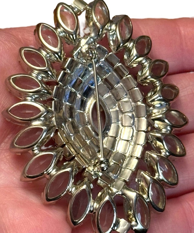 Elegant Vintage large sparkling silver floral Crystal Brooch
