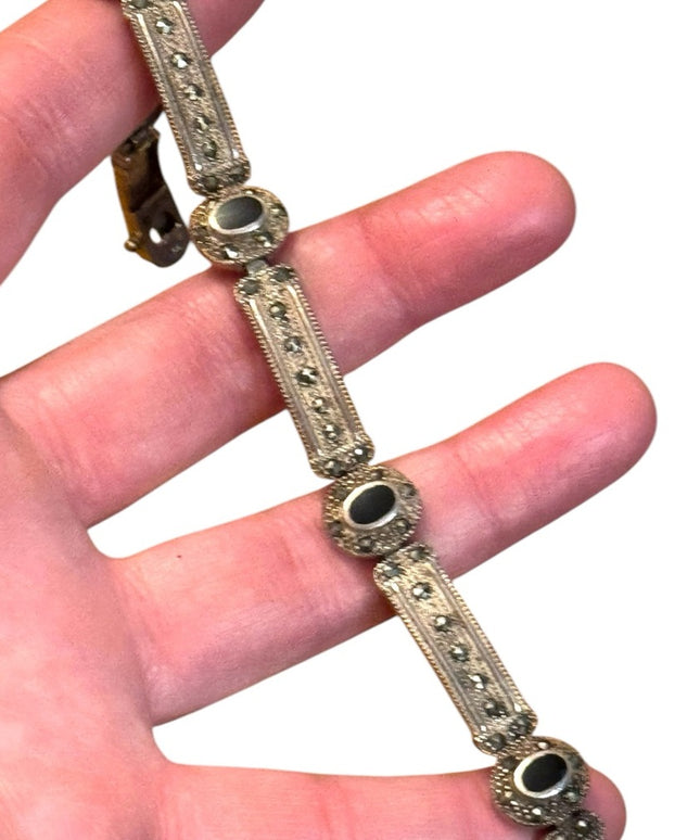 Vintage 925 black onyx marcasite ornate thick link bracelet sterling silver