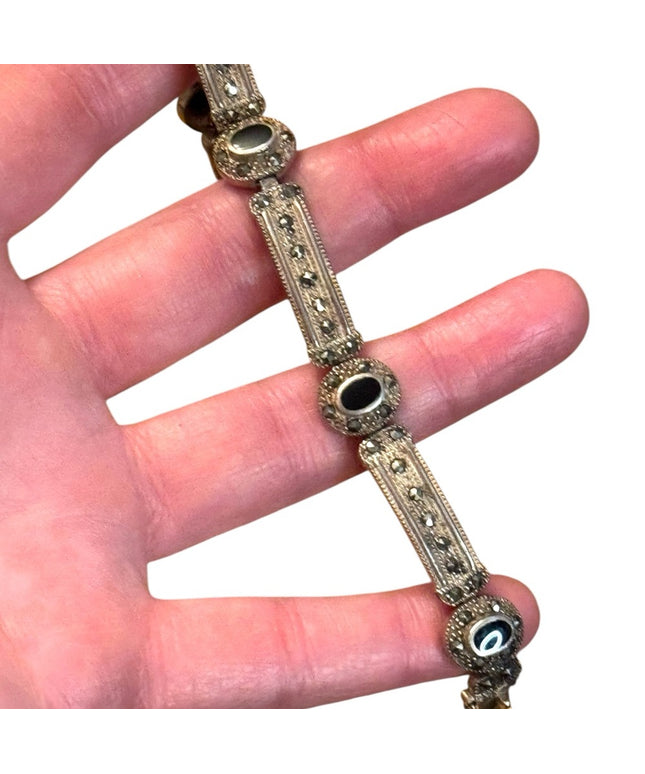 Vintage 925 black onyx marcasite ornate thick link bracelet sterling silver