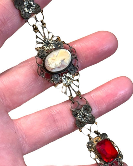 Antique late 1800s filagree Cantile Shell cameo red paste glass silver bracelet