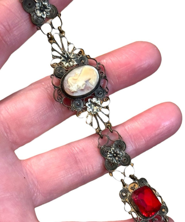 Antique late 1800s filagree Cantile Shell cameo red paste glass silver bracelet
