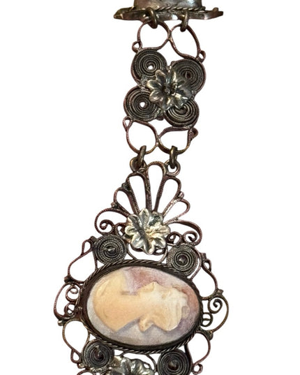 Antique late 1800s filagree Cantile Shell cameo red paste glass silver bracelet