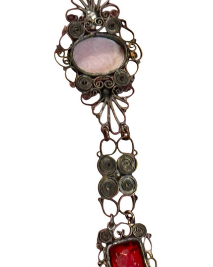 Antique late 1800s filagree Cantile Shell cameo red paste glass silver bracelet