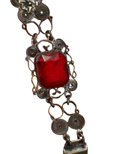 Antique late 1800s filagree Cantile Shell cameo red paste glass silver bracelet