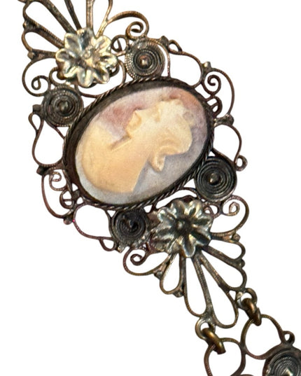 Antique late 1800s filagree Cantile Shell cameo red paste glass silver bracelet