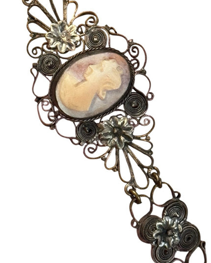 Antique late 1800s filagree Cantile Shell cameo red paste glass silver bracelet
