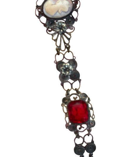Antique late 1800s filagree Cantile Shell cameo red paste glass silver bracelet